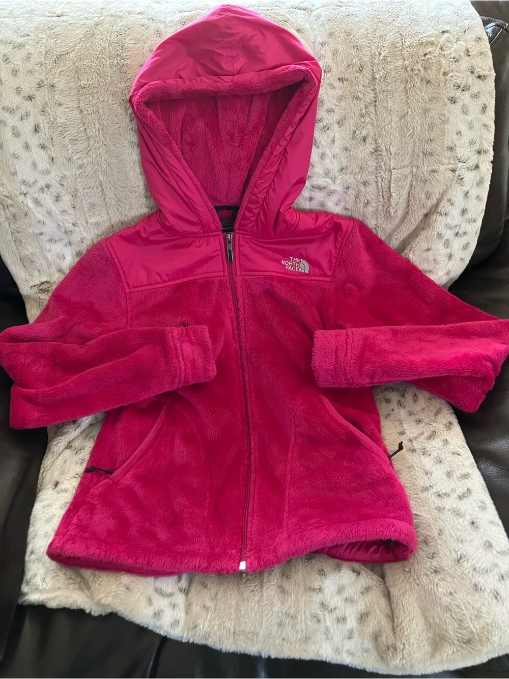 The north face magenta pink jacket , soft fur like jacket , zipper, hood